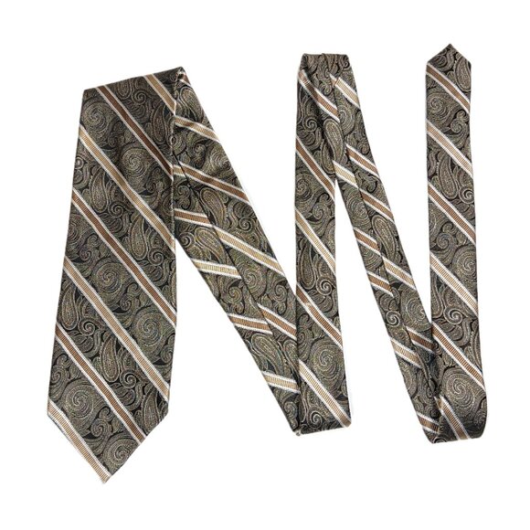 Platinum Designs Silk Tie Men’s X-Long 67.5” Black Gold Paisley Stripe Wide New - Picture 2 of 4